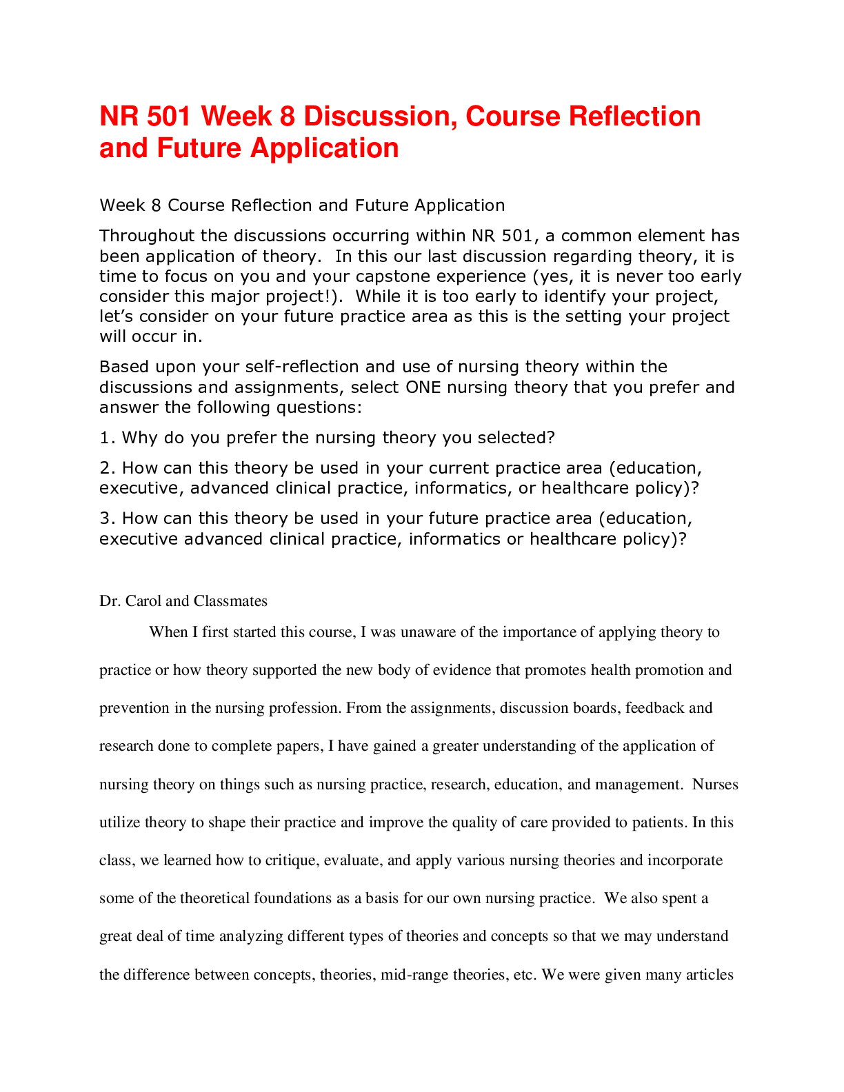 Preview of NR 501 Week 8 Discussion, Course Reflection and Future Application